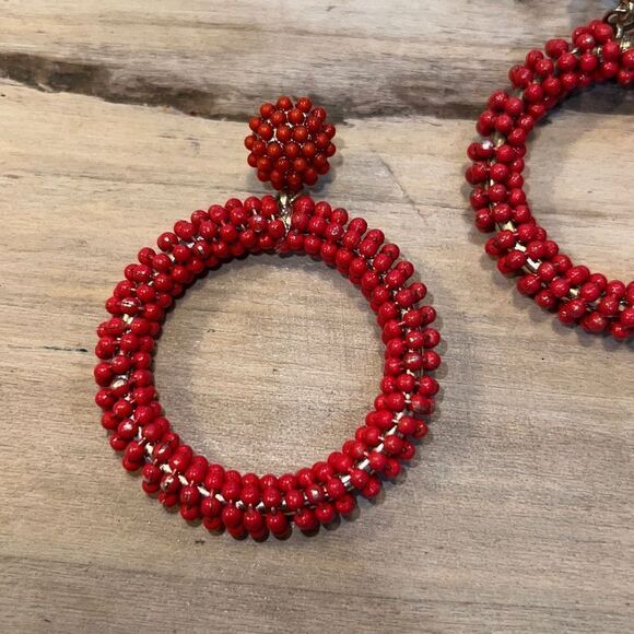 Orange Beaded Hoop Earrings Gold Tone Boho Bohemian Flair - Picture 2 of 6